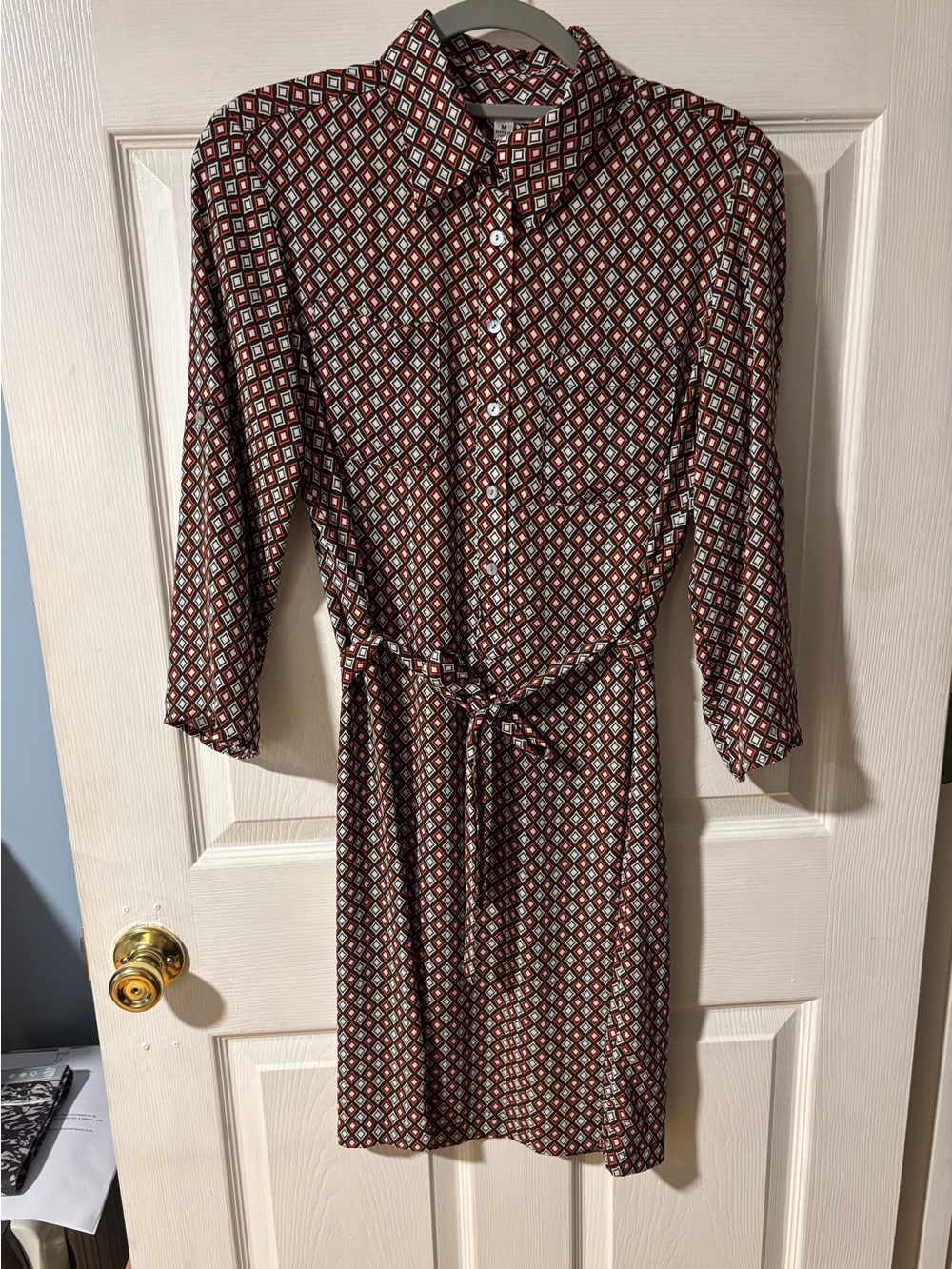 Sophie Max Geometric Print Shirt Dress with Tie Waist - Red Black Gray M